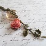 Antique Bronze Necklace, Pink Rose Pendant..