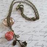 Antique Bronze Necklace, Pink Rose Pendant..