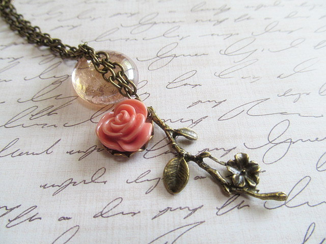 Antique Bronze Necklace, Pink Rose Pendant Necklace