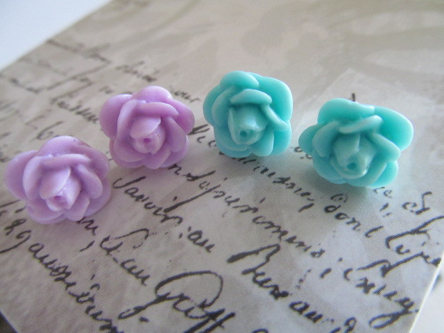 Two Pair Flower Stud Earrings, Purple And Blue Flower Stud Earrings, Gift Earrings, Teen Earrings